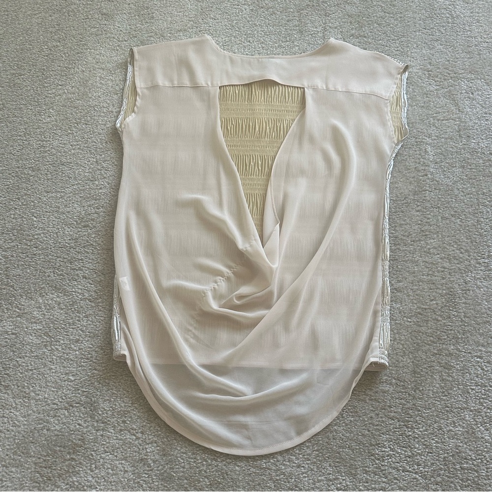 San Joy Cream Asymmetrical Sleeveless Muscle Tee - Picture 2 of 9